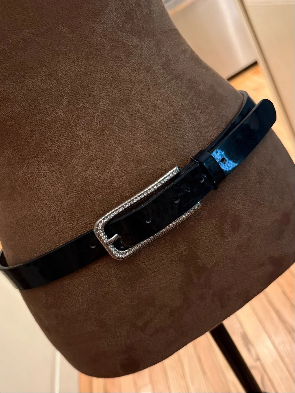 Black Patent Leather Belt with Rhinestone Buckle